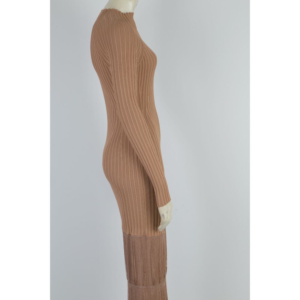 KHAITE The Cedar Fringed Ribbed Knit Long Sleeve Maxi Dress Camel Tan Size S - Picture 12 of 15